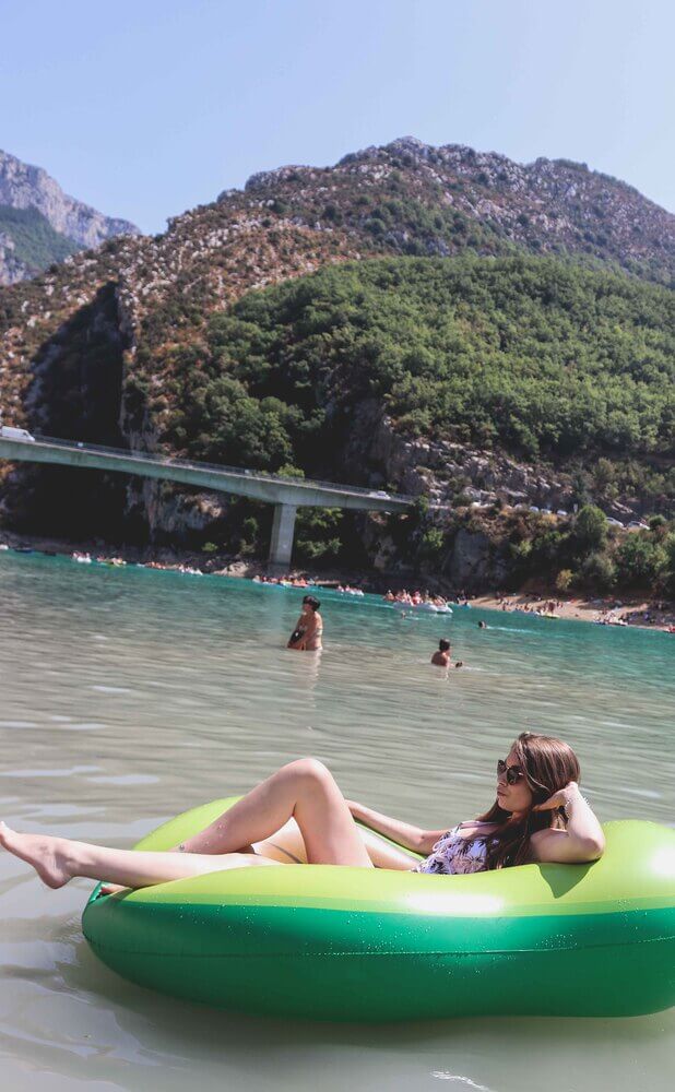 Eppie lying in a 6ft inflatable avocado in the Gorge Du Verdon