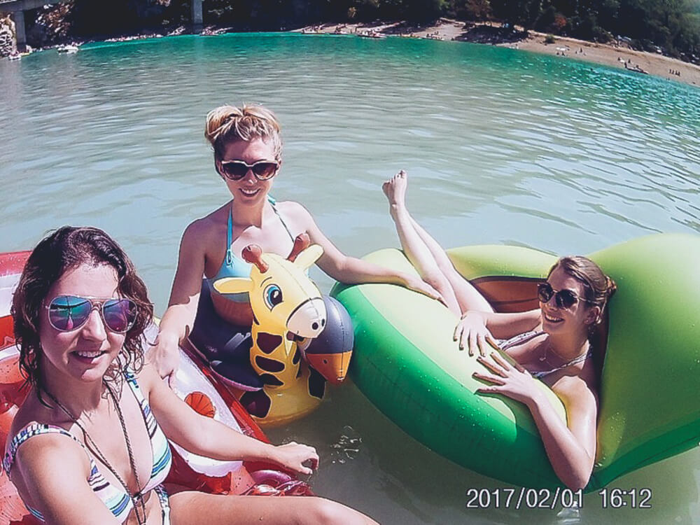 Eppie in a 6ft avocado in the Gorge Du Verdon, with friends
