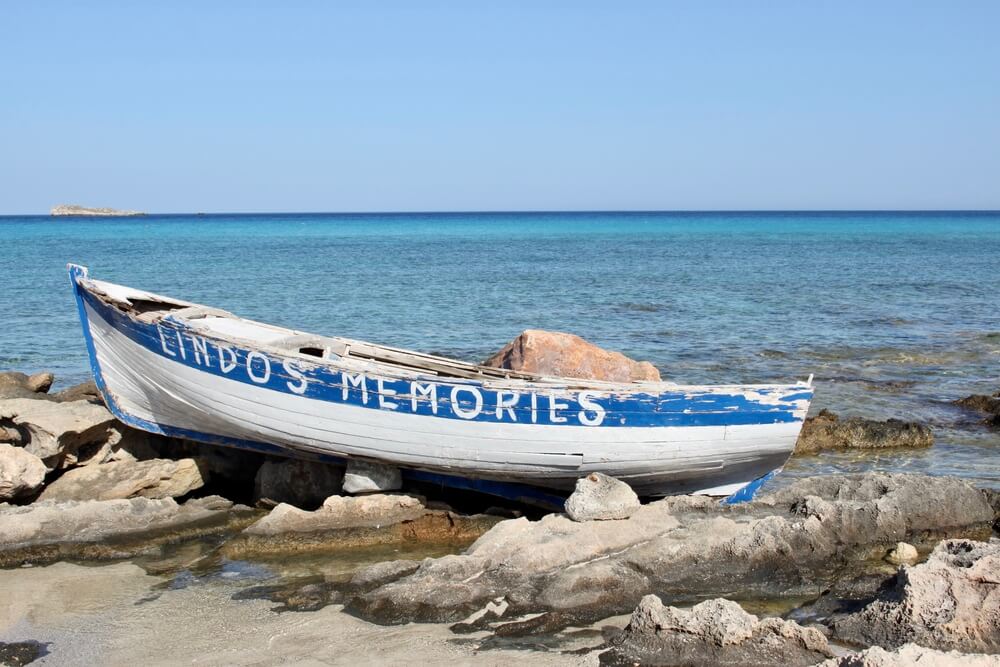 Lindos - a small boat saying 'Lindos Memories'