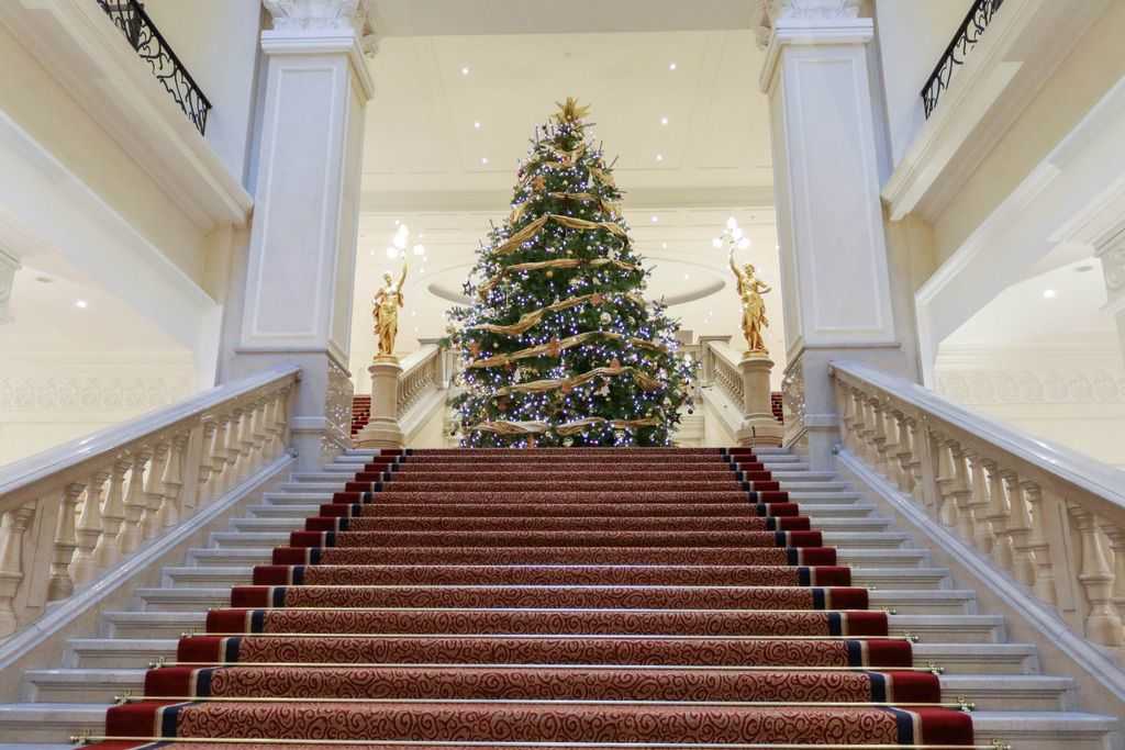 Corinthia Budapest - A large Christmas tree with gold ribbons at the top of a red carpet lined staircase
